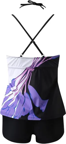 Vista 8 de WPNMASNP Trajes de baño tankini para mujer, traje de baño de dos piezas, estampado floral, cintura alta, volantes, cuello en V, trajes de baño 2024