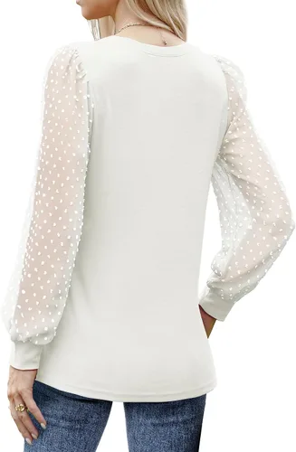Vista 5 de WIHOLL Camisas de manga larga para mujer, túnica de otoño, ropa de cuello redondo a la moda
