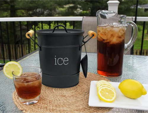 Vista 3 de AuldHome Design Cubo de hielo esmaltado de granja (negro); servidor de hielo de metal aislado estilo retro