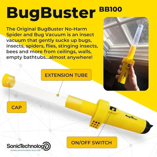 Vista 3 de Bugbuster aspiradora de arañas e insectos con tecnología sónica, funciona con batería y no daña.