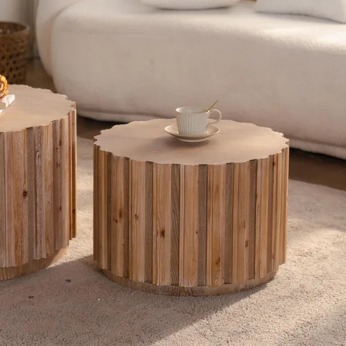 Vista 7 de WILLIAMPSACE - Juego de 2 mesas auxiliares redondas anidables, mesas centrales de madera rústica con cuerpo de listones verticales, mesa de té