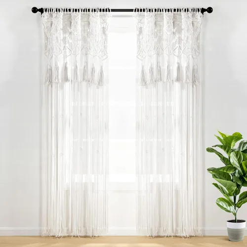 Vista 12 de Lush Decor Cenefa de algodón con borlas de macramé bohemio/cortina de cocina/decoración de pared, 30 pulgadas de largo x 40 pulgadas de ancho, gris