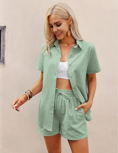 Vista 2 de Zeagoo Conjunto de 2 piezas de lino para mujer, conjunto de verano con botones, casual, para descansar y playa
