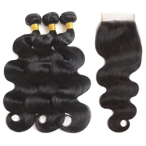 Vista 2 de Body Wave Human Hair Bundles with Closure 10A Brazilian Human Hair 3 Bundles with 4x4 HD Lace Closure Free Part 100% Unprocessed Virgin Hair Natural