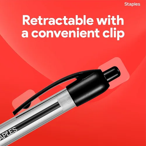 Vista 6 de STAPLES Bolígrafos retráctiles de punta media de 1.0 mm, tinta negra, paquete de 12 – Bolígrafos cómodos y de escritura suave para uso diario