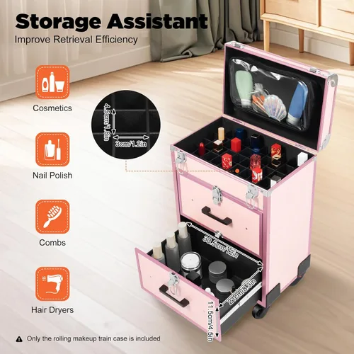 Vista 3 de YIYIBYUS Estuche de maquillaje rodante, 3 capas de carritos cosméticos profesionales grandes con cerraduras, estuche de viaje de maquillaje con Rosa