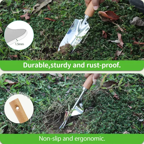 Vista 6 de Juego de herramientas de jardín, 2 piezas de herramientas de jardín de acero inoxidable resistente, kit de jardín con mango ergonómico de madera