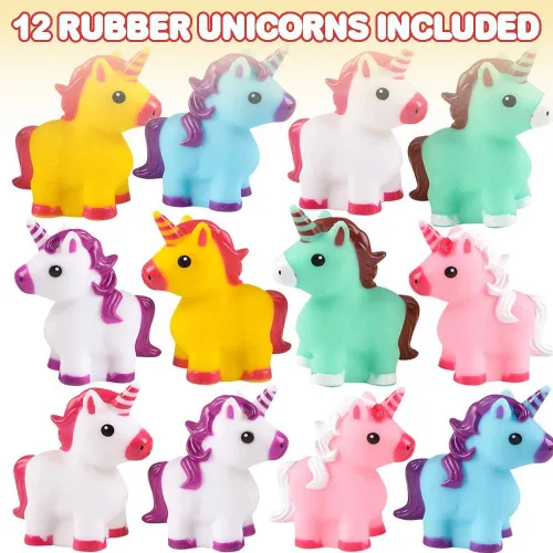 Vista 2 de ArtCreativity Juguetes de goma de unicornio para niños, paquete de 12, recuerdos y suministros de fiesta de cumpleaños de unicornio, juguetes
