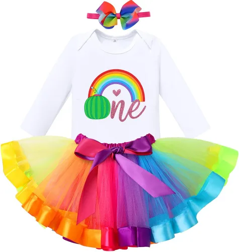 Vista 41 de IBAKOM Conjunto de ropa de 3 piezas para bebé niña de 1er cumpleaños + tutú de tul de princesa arcoíris + diadema con lazo, conjunto de ropa de 3