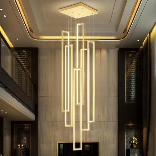Vista 9 de Flashing God Candelabro moderno, candelabros cromados con 6 anillos LED, lámpara de techo alto más grande para sala de estar, lámpara rectangular