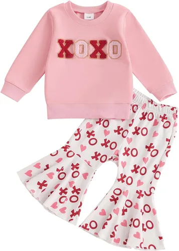 Vista 8 de Kayotuas Conjunto de sudadera de manga larga con estampado de corazón dulce y pantalones acampanados para bebés y niñas pequeñas Daddys Valentien
