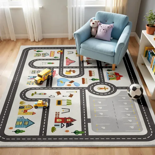Vista 15 de Alfombra de Juego Redonda de 3.3 pies para Niños con Carreteras de la Ciudad - Alfombra de Lana Sintética Antideslizante con Diseño Interactivo