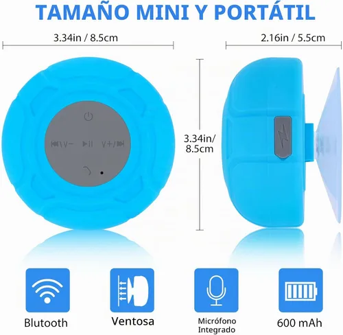 Vista 5 de Parlante Bluetooth Impermeable para Ducha Portátil, Inalámbrico, Resistente al Agua, Manos Libres con Micrófono Integrado, Ventosa para Baño