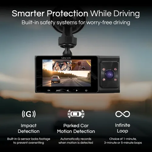 Vista 3 de Cámara de salpicadero Minolta – DVR de coche de 3 canales 1080P con cámara trasera e interior, visión nocturna, pantalla LCD de 3.0”, sensor G