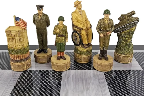Vista 7 de Juego de ajedrez de la Segunda Guerra Mundial de Estados Unidos vs Alemania con tablero de color de fibra de carbono negro de 18 pulgadas WW2