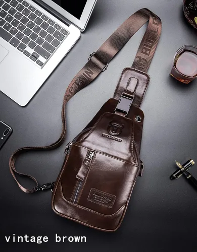 Vista 2 de BULLCAPTAIN Mochila bandolera de cuero genuino para hombre, multibolsillo, bandolera, bolsas de pecho, viajes, senderismo, mochila, Marrón