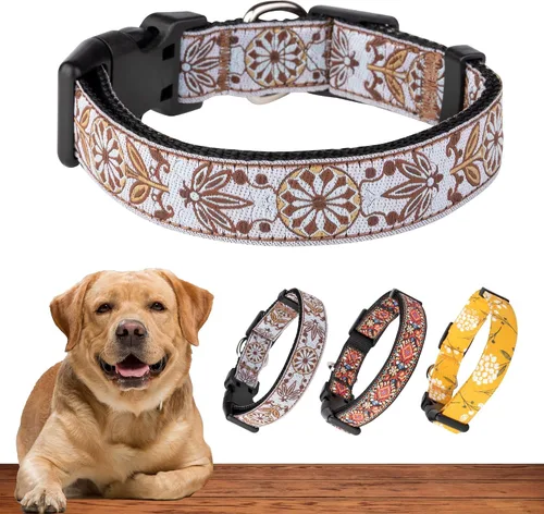 Vista 15 de Collar de perro para perros medianos y grandes, patrón acolchado de algodón con flores en collares de larga duración, ajustables, fuertes