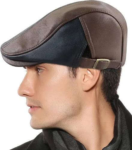 Vista 6 de Panegy Sombrero de periódico para hombre, gorra plana de piel sintética, sombrero de boina ajustable, sombrero de hiedra para conducir golf al aire