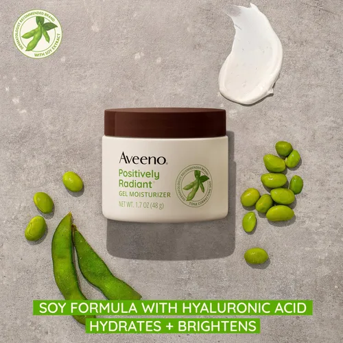 Vista 2 de Aveeno Gel hidratante facial positivamente radiante con ácido hialurónico y soja correctora de tono, hidrata durante 48 horas para igualar el tono
