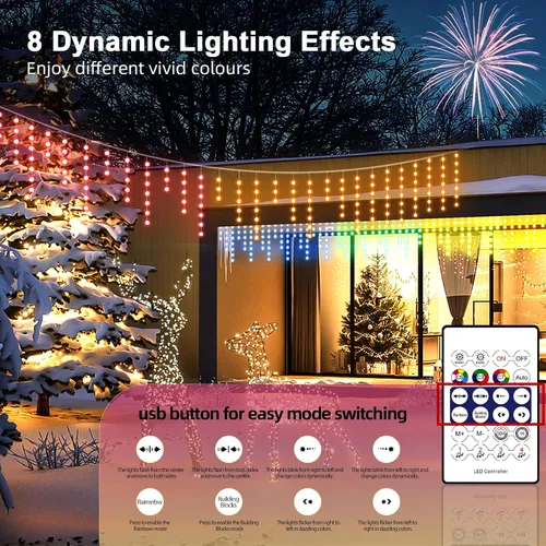 Vista 2 de AHAWILL - Luces de carámbano para exteriores, luces de Navidad al aire libre de 33 pies con 255 LED regulables, IP65 impermeables, luces de cadena