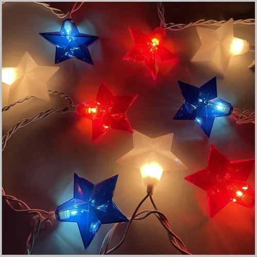 Vista 8 de Abeja Cadena de luces de estrellas de cinco puntas, 8.5 pies, luces de estrella roja, blanca y azul con 10 estrellas LED, luces patrióticas de hadas