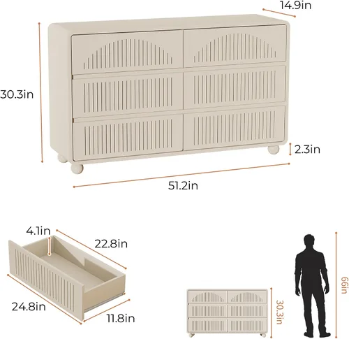 Vista 2 de Cómoda acanalada de 51.2 pulgadas de ancho con 6 cajones para dormitorio