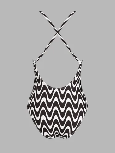 Vista 7 de CUPSHE Traje de baño de una pieza para mujer, cuello en V profundo, espalda entrecruzada con tirantes delgados ajustables Beige/Negro Wave