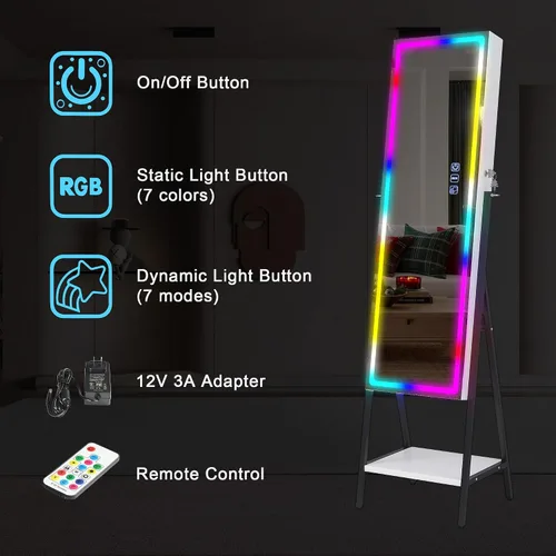 Vista 6 de HNEBC Armario de joyería con espejo LED RGB, organizador de joyas de pie de longitud completa con almacenamiento, espejo de joyería con cerradura