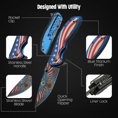 Vista 4 de SZCO 300583 - Cuchillo plegable EDC con mango de titanio American Eagle de 8.25 pulgadas con clip de bolsillo, rojo, blanco y azul