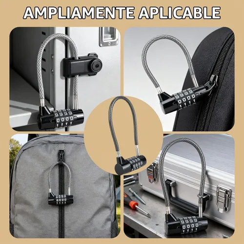 Vista 5 de Cerraduras de cable de 4 dígitos con combinación, bloqueo de cable de acero con código reajustable para muebles de patio, recortadoras de malezas