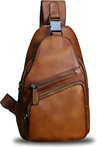 Vista 2 de Bolso de cuero genuino para hombres y mujeres, estilo vintage, de cuero auténtico, bandolera de hombro, bolso cruzado en el pecho, Marrón, Mediana