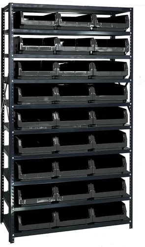 Vista 615 de Quantum QSBU-245BK Heavy Duty Shelving Unit with (7) Shelves and (24) QUS245 Black Bins for Garage Warehouse Storage Distribution 400 lb Load