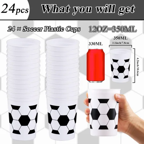 Vista 2 de Tevxj 24 vasos de plástico reutilizables para fanáticos del fútbol de 12 onzas, suministros de fiesta reutilizables, decoraciones de pelota