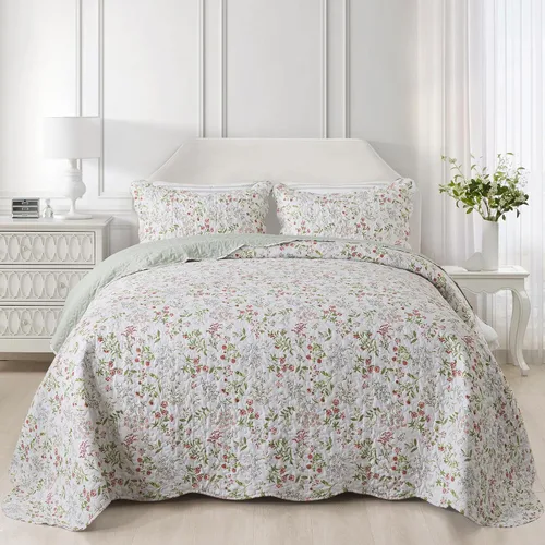 Vista 28 de NEWLAKE - Juego de cubrecama reversible de microfibra bordada con patrón floral en relieve en jacquard beige, tamaño queen