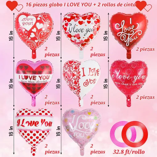 Vista 2 de Globos de San Valentín de corazón rojo, 16 globos de aluminio con texto en inglés "I Love You", globos Myalr para San Valentín, noche