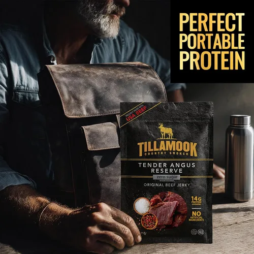 Vista 5 de Tillamook Country Smoker Tender Angus Reserve Original Beef Jerky, bolsa de 6 oz, Carne de res Angus de EE. UU. ahumada lentamente con madera real