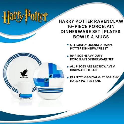 Vista 6 de Harry Potter Ravenclaw - Juego de vajilla de porcelana de 16 piezas para 4 personas, incluye 4 platos llanos, 4 platos de ensalada, 4 cuencos y 4
