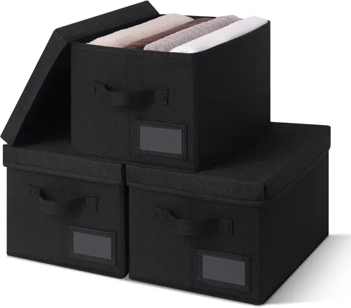 Vista 19 de GRANNY SAYS Cajas de tela con tapas, contenedores de almacenamiento con asas, contenedores de estante para organizar, cajas de almacenamiento extra