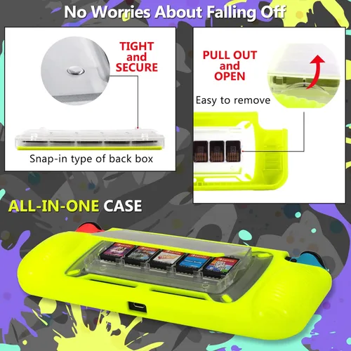 Vista 5 de Protective Case for Nintendo Switch, Grip Case with Game Storage, Nintendo Switch with Stand, Nintendo Switch Cover, Neon Yellow