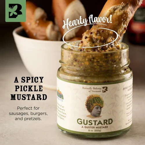 Vista 3 de Butterfly Bakery of Vermont - Gustard - Una mostaza Guster, pepinillo picante, mostaza gourmet para untar con pepinos Vermont, jalapeños, eneldo