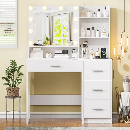Vista 11 de Escritorio negro con espejo y luces, tocador de maquillaje con 9 cajones, 6 estantes y toma de corriente, espejo de pantalla táctil, tocador