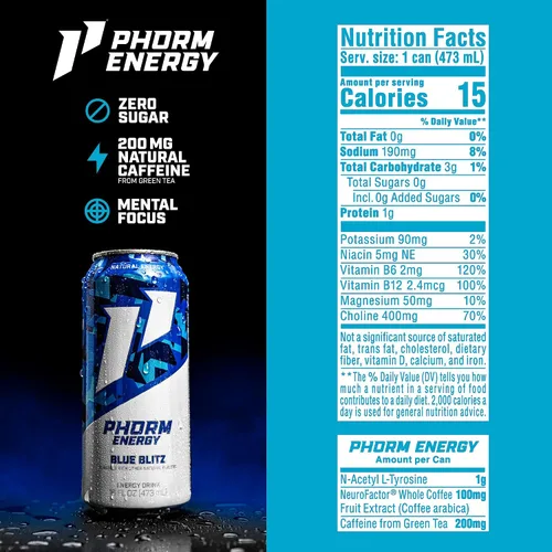 Vista 2 de PHORM ENERGY - Bebida energética, Blue Blitz, sabor a frambuesa azul, 200 MG de cafeína natural de té verde, sin azúcar, bebida carbonatada