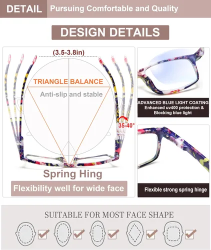 Vista 5 de Lentes de lectura elegantes para mujer, lectores con bloqueo de luz azul, anteojos para mujer, tramposos Rectangle blue light readers with