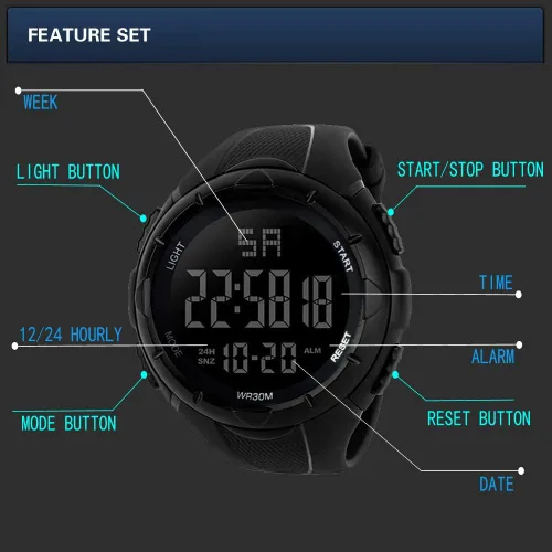 Vista 5 de Reloj deportivo digital para hombre, impermeable, cronómetro, electrónico, militar, con alarma de fecha automática, retroiluminación LED