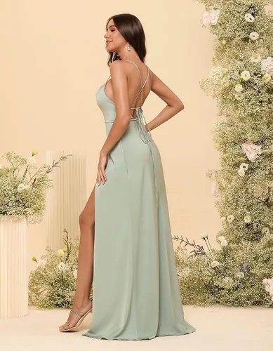 Vista 6 de TIRAS Vestido de dama de honor de satén acampanado para mujer, con tirantes delgados, vestido de fiesta de noche con abertura de cola CM229