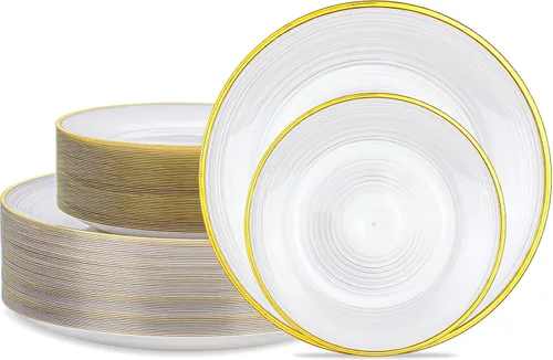 Vista 14 de Morejoy - 100 platos de plástico negro, platos desechables negros con borde dorado Black and Gold Plastic Plates, Modern swirl design Plates