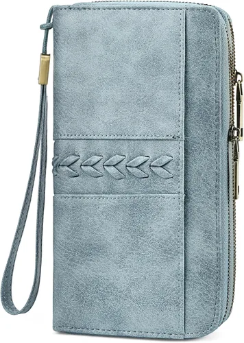 Vista 7 de FALAN MULE Cartera de cuero para mujer, de gran capacidad, bifold, con bloqueo RFID, tarjetero con bolsillo para monedas con cremallera Aa-negro.