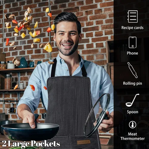 Vista 6 de ATROPOS Paquete de 2 delantales para mujeres con bolsillos, delantales de cocina para mujeres y hombres, delantales de chef ajustables para cocina