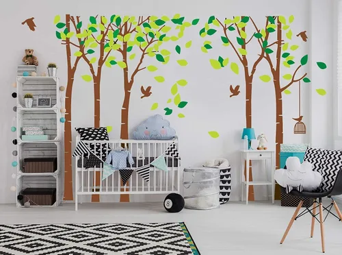 Vista 6 de luckkyy Calcomanía para pared, Gran Familia de cinco Árboles con pájaros y jaulas, para habitación familiar, arte decoración.