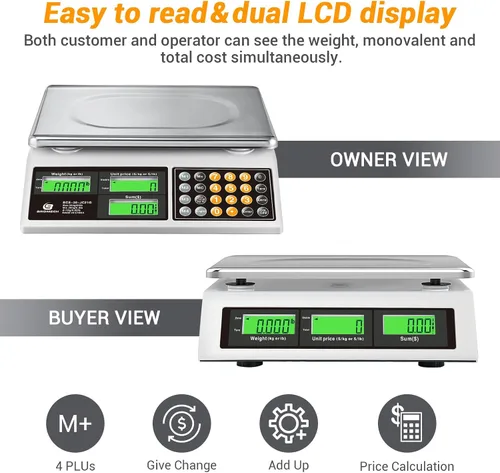 Vista 4 de Báscula de cálculo de precios, báscula digital de 66 libras para alimentos comerciales y productos de carne con retroiluminación verde LCD